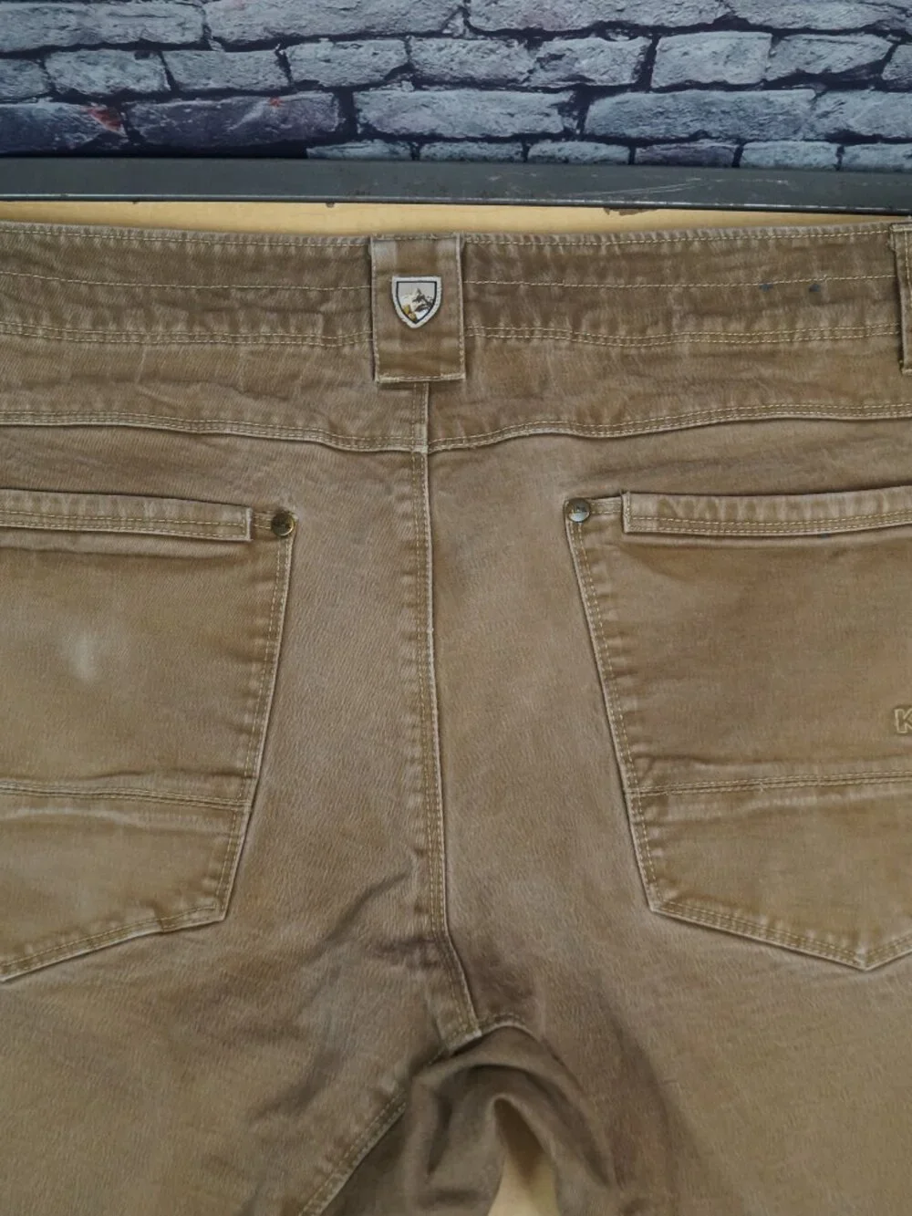 Kuhl Rydr Pants Tan Khaki Stretch Canvas Vintage Patina Dye Hiking Mens 36 x 29